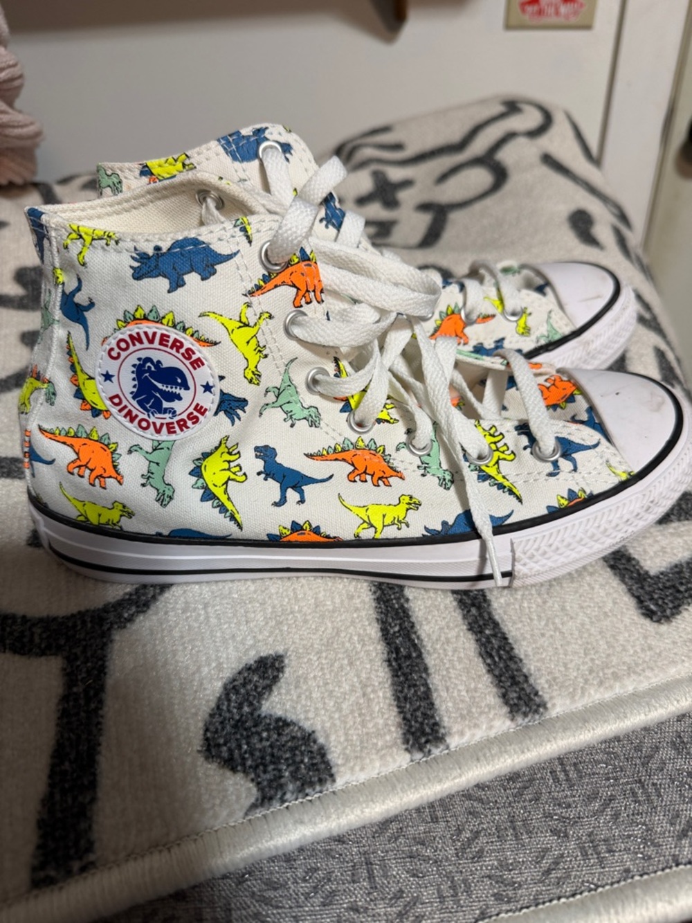 Converse White High-Tops with Neon Dinosaur Print